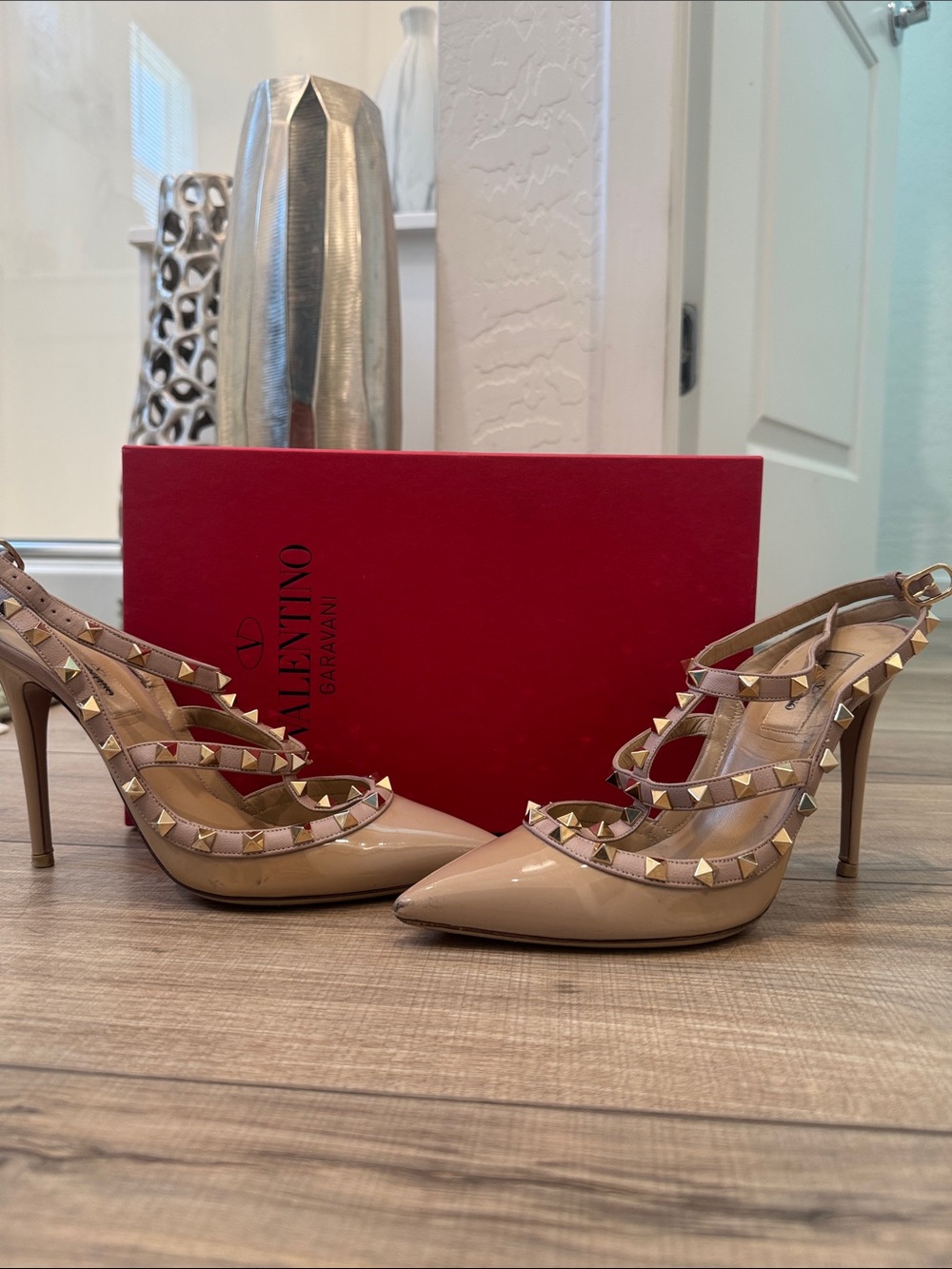 Valentino Beige Patent Leather Rockstud Pointed-Toe Slingback Pumps